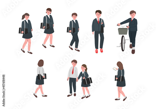 通学中の高校生のイラストセット