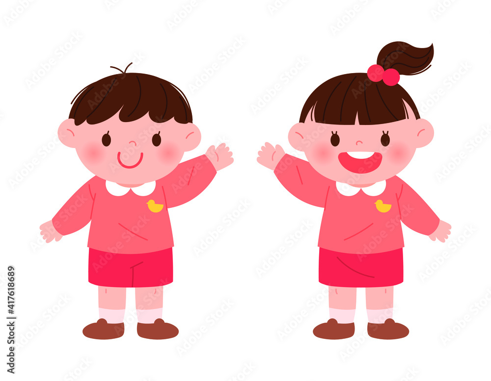 Cute preschooler character illustration. A boy and a girl are greeting us. Cute preschooler character illustration. A boy and a girl are greeting us.