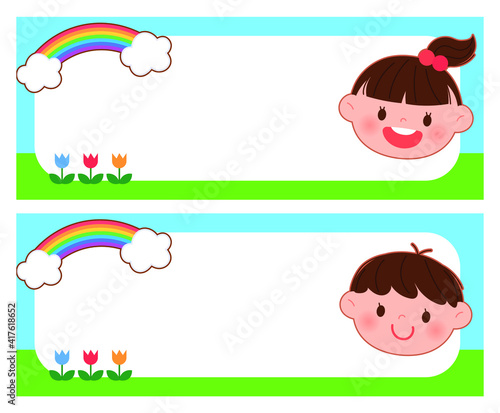 Cute kindergarten name tag. A cute background illustration with girl and boy faces.