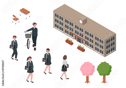学生と学校のアイソメイラストセット
