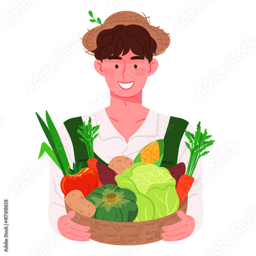 A young farmer holding a basket full of vegetables. Eco wellness food illustration.