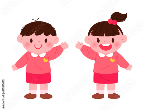 Cute preschooler character illustration. A boy and a girl are greeting us.