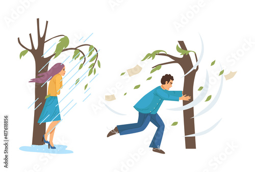 Natural disasters, severe weather conditions hurricane, rain. Girl hiding from heavy downpour. Man holding on to tree fleeing stormy wind.