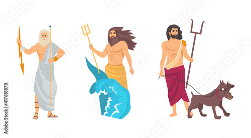 Ancient greek god. Greek God of Olympus sea earthquakes Poseidon holding trident in his hand. Hades, god underworld of dead with three-headed dog. Zeus holds lightnings in hands