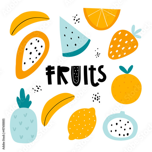 Vector cartoon illustration of a cute funny fruits on a white background. Children's tropical set with fruits. Banana, pineapple, lemon, strawberry, papaya, orange, watermelon.