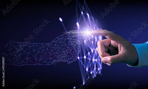 Hand touching modern interface digital transformation and metaverse concept. Connection next generation technology and new era of innovation. photo