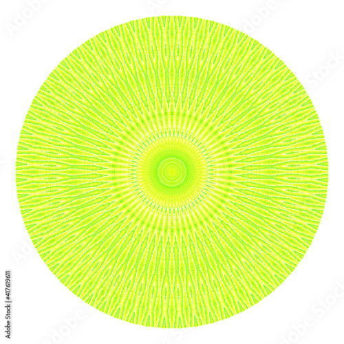 Creative yellow green points round symbol. Abstract symmetrical logo. Mosaic green beautiful beads. Circle dots modern pixel floral art icon. Yellow pattern ornament wheel decorative illustration.