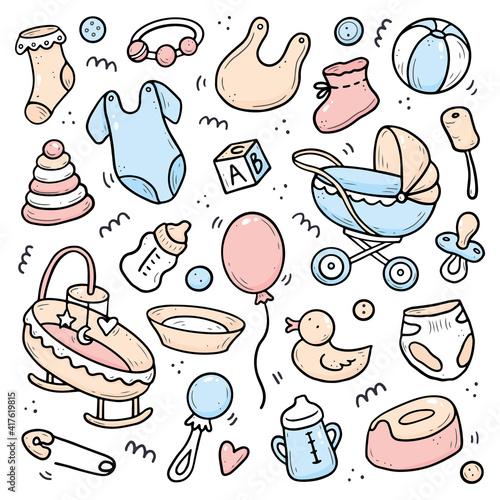 Hand drawn set of baby shower things, toy, rattle, milk bootle, clothes. Comic doodle sketch style. Baby element drawn by digital brush-pen. Cute illustration for icon, background, frame design.