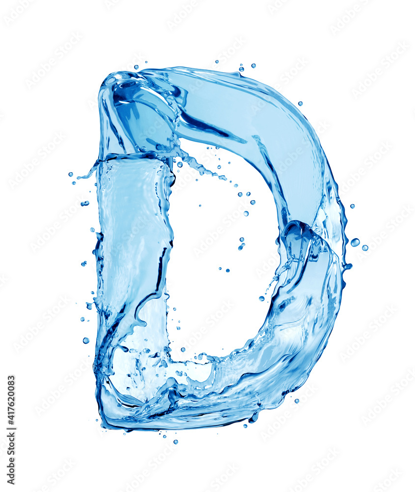 Latin letter D made of water splashes, isolated on a white background - obrazy, fototapety, plakaty 