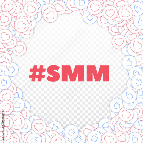 Social media icons. Smm concept. Falling scattered thumbs up hearts. Corner frame elements on transp