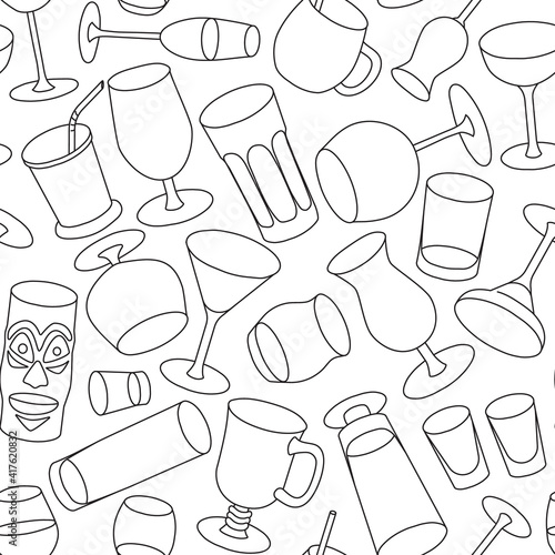 Hand-drawn doodle cartoon style bar cocktail glasses such as high ball martini margarita old fashioned shot vector seamless pattern illustration background
