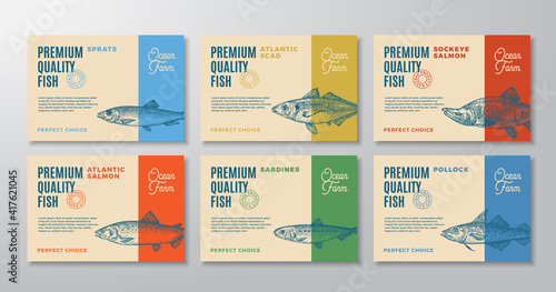 Fish Labels Set. Abstract Vector Packaging Design Layouts Collection. Modern Typography and Hand Drawn Sardine, Pollock, Scad and Sprat Sketch Silhouettes Backgrounds with Soft Shadows. Isolated