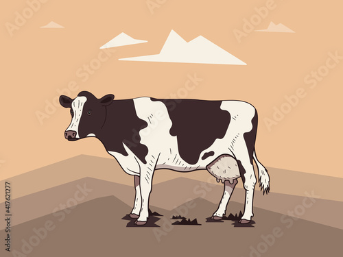 Realistic drawn cow on a light landscape background