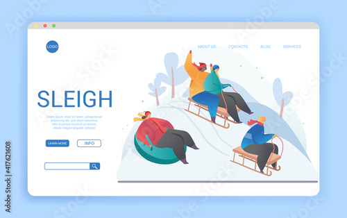 Website landing page design for sleighs with copyspace showing various people enjoying a sleigh or toboggan ride in winter snow, colored vector illustration. Website, web page template
