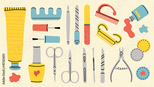 Vector set of manicure tools. Various manicure accessories. Nail scissors, nail file, tweezers, nail polish, hand cream, polish remover, brush etc. Hand-drawn style. All elements are isolated.