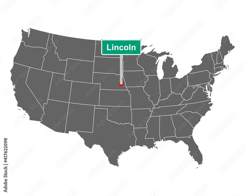 Lincoln Ortsschild und Karte der USA