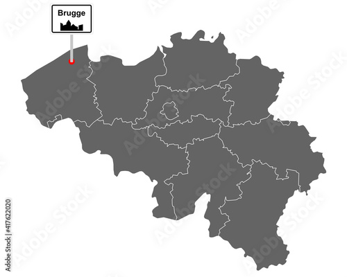 Landkarte von Belgien mit Orstsschild Brugge