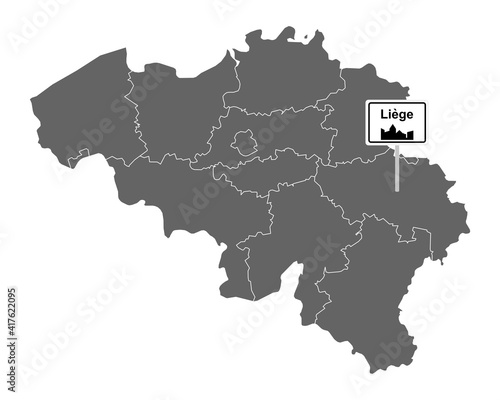 Landkarte von Belgien mit Orstsschild Liège