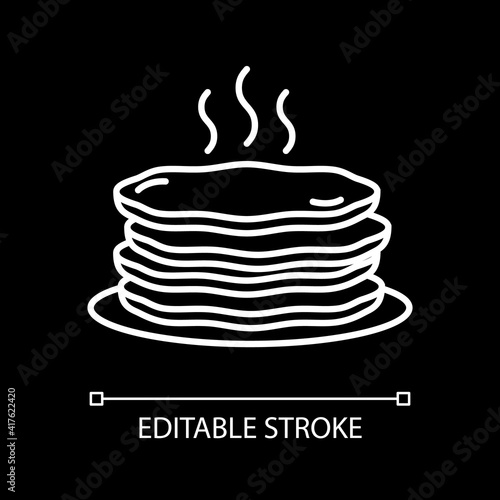 Stack of hot pancakes white linear icon for dark theme. Serving breakfast food. Steaming meal. Thin line customizable illustration. Isolated vector contour symbol for night mode. Editable stroke