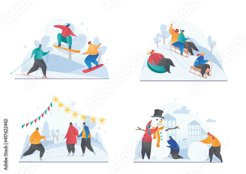 Set of four sketches showing winter recreational activities with ice skating, skiing, snowboarding, riding a sleigh and building a snowman, colored vector illustration