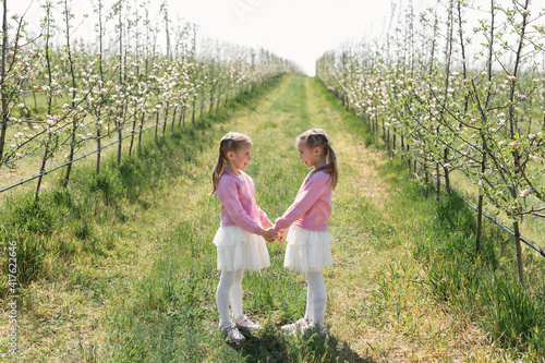 Happy twin sisters look at each other and hold hands against the background of a green blooming Apple orchard © Artem Zakharov