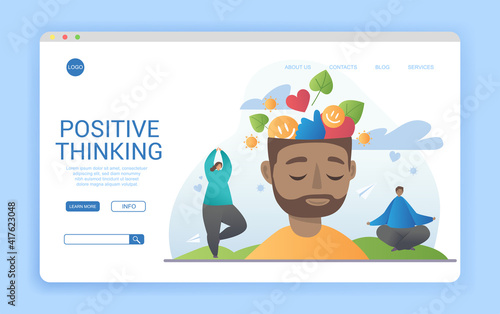 Positive Thinking and well being concept with smiley faces and hearts in a mans brain with closed eys and people doing yoga and meditating behind in a website template, colored vector illustration