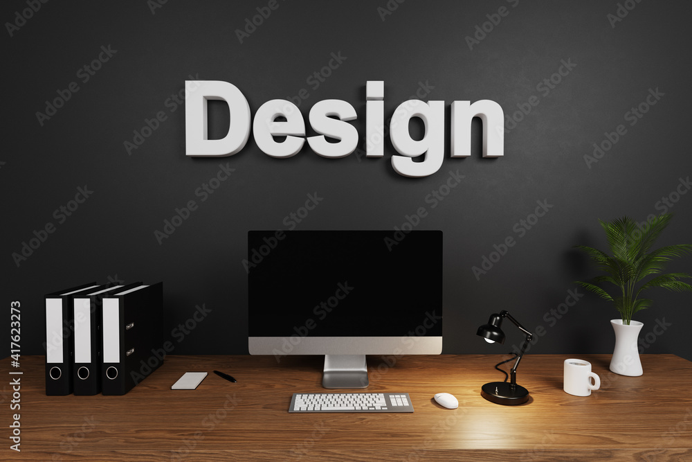 modern organized tidy clean office workspace with computer screen and dark concrete wall; design lettering; 3D Illustration modern organized tidy clean office workspace with computer screen and dark concrete wall; design lettering; 3D Illustration