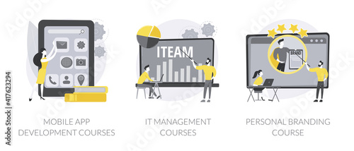 Career in IT abstract concept vector illustration set. Mobile app development courses, IT management courses, personal branding, junior app developer, business frameworks abstract metaphor.
