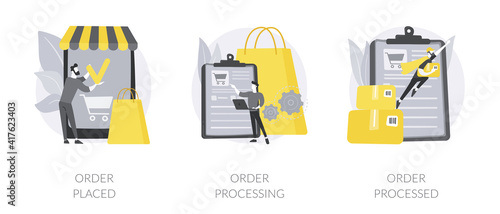 Online store purchase abstract concept vector illustration set. Order placed and processed, shipping conditions, customer service, courier service, retail shopping and delivery abstract metaphor.