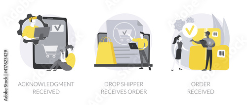 Order status abstract concept vector illustration set. Acknowledgment received, drop-shipper receives order, package delivery service, retail shopping online, shipping details abstract metaphor.
