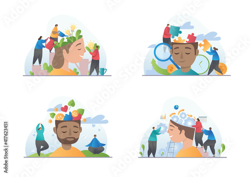 Set of four designs for Positive Thinking, Creativity and Technical Ideas showing people with flowers, lightbulbs, gears and cogs and smiley faces in the brain cavity, colored vector illustrations
