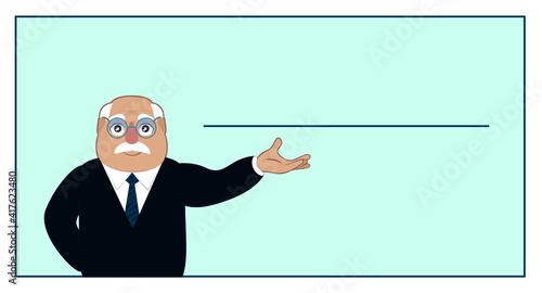 pleasant elderly man in glasses and in a business suit stands in front of a blue board and smiles,  respectable man points his hand at the board behind him, vector illustration
