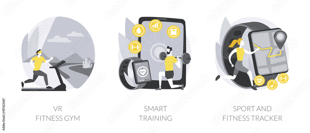 custom made wallpaper toronto digitalNew fitness technology abstract concept vector illustration set. VR fitness gym, smart training system, sport and fitness tracker, activity band, health monitor, interactive workout abstract metaphor.