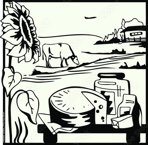 The monochrome linear image depicts an eco-friendly landscape with a farm and farm dairy products.