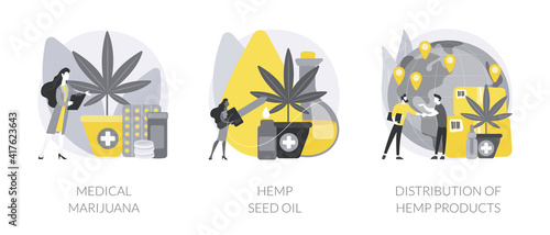 Medical cannabis abstract concept vector illustration set. Medical marijuana, hemp seed oil, distribution of hemp products, cancer pain relief, sativa plant pharmacy, CBD oil use abstract metaphor.