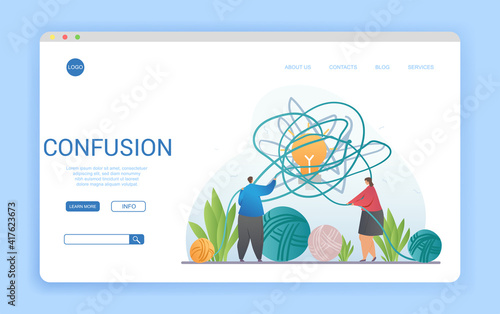 Confusion concept with tangle of wool around a light bulb and a man and woman trying to unravel it in a web template design, colored vector illustration