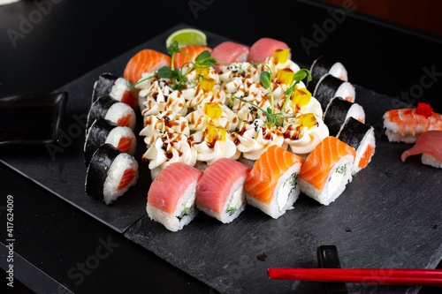 japanese sushi food. Maki ands rolls with tuna.