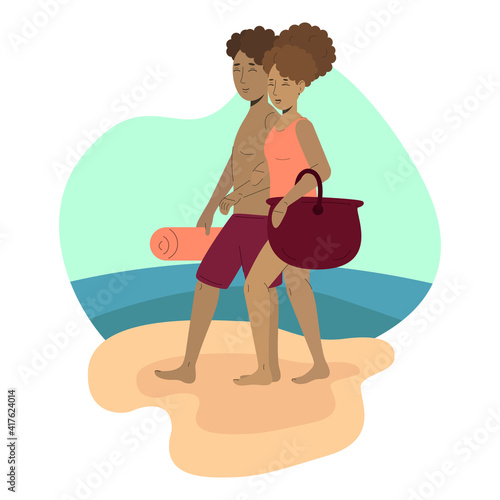 African-American couple in swim suit and shorts is walking on the beach. Summer design of vacation. Vector flat illustration.