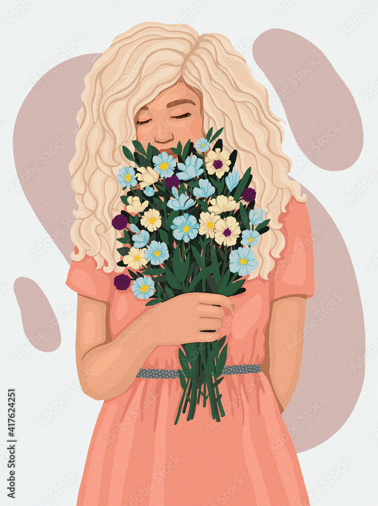 woman with a bouquet of flowers. modern beautiful bright hand drawn illustration. for postcards, magazine covers, booklets, catalogs, postcards
