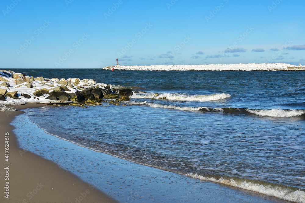 The mouth of the Vistula River to the Baltic Sea. Beautiful winter landscape 