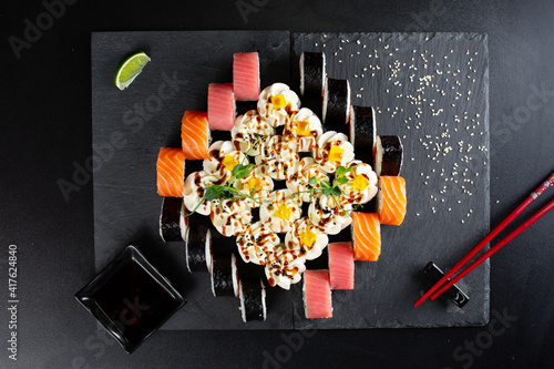 japanese sushi food. Maki ands rolls with tuna.