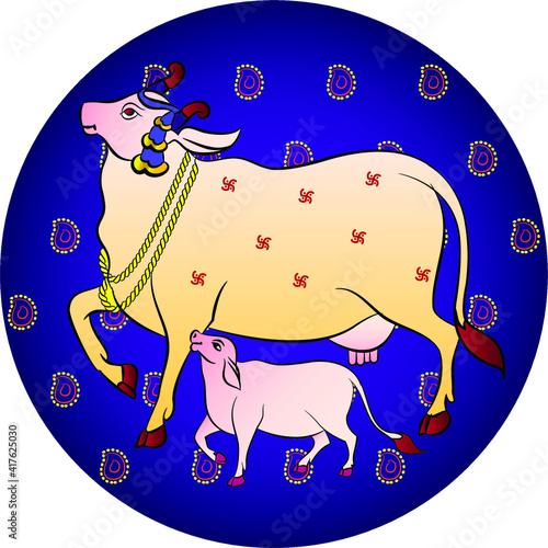 Holy cow in Kalamkari Indian traditional folk art on linen fabrics. It can be used for a coloring book, textile/ fabric prints, phone case, greeting card. logo, calendar