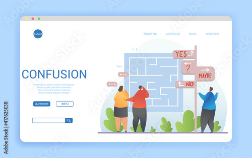 Confusion concept in a website landing page design with people holding hands to head facing a maze with confusing signpost and copyspace, colored vector illustration