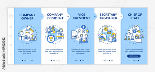 Company top management jobs onboarding vector template. Company owner and president positions. Responsive mobile website with icons. Webpage walkthrough step screens. RGB color concept