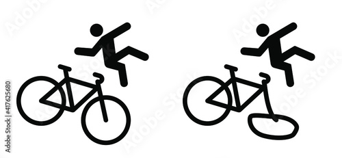 Person falling down off a bicycle icon. Falling bike cartoon sign. Dangerous, cyclist fall pitcogram. Flat ector. Stop, caution cycling symbol.