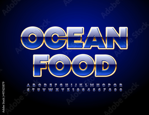 Vector elite sign Ocean Food. Blue and Gold premium Font. Luxury Alphabet Letters and Numbers set