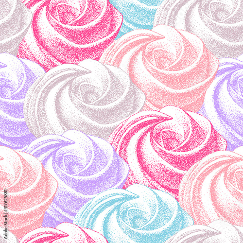 seamless pattern with color airy french meringues, marshmallow, zefir. sweetness, sweet cake, dessert. Vector in graphic vintage retro style. for cafe