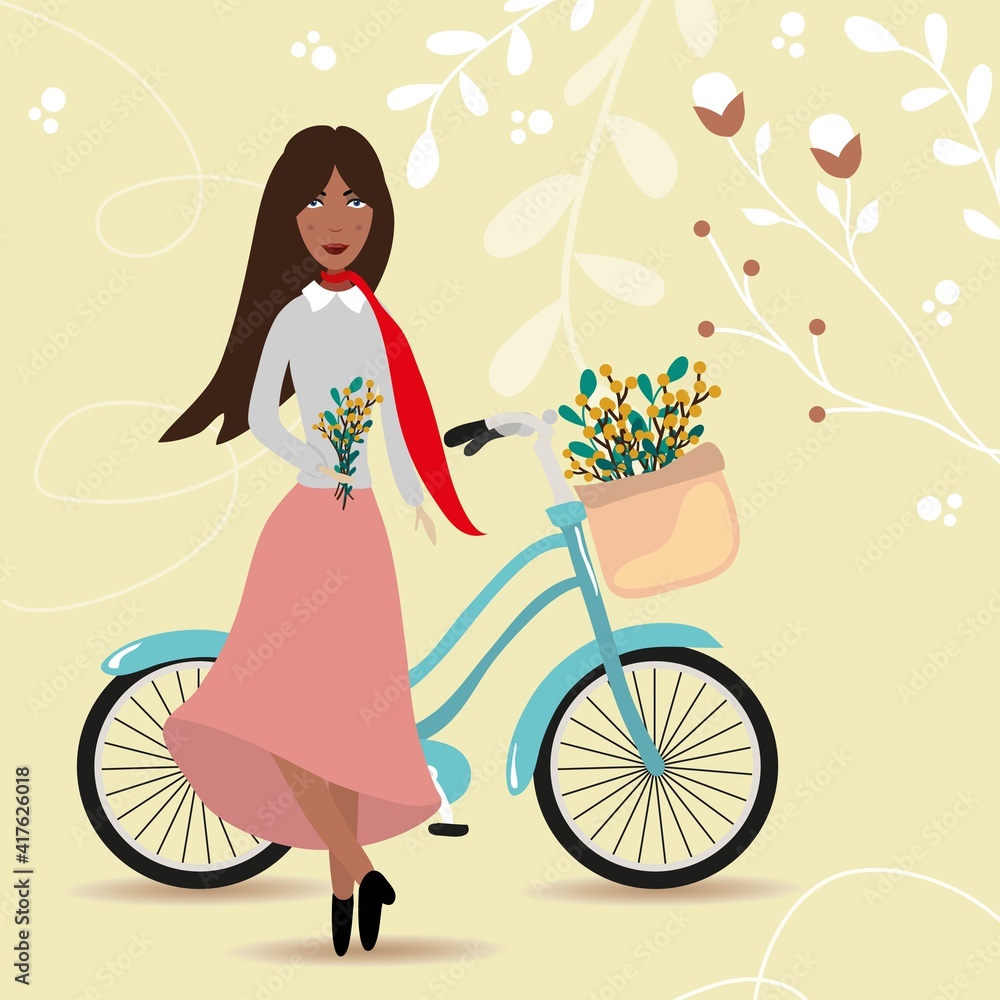 A young, beautiful girl with a bicycle and flowers in her hands.
Basket of flowers. Mimosa bouquet. Spring. March 8. Vector illustration. A young, beautiful girl with a bicycle and flowers in her hands.
Basket of flowers. Mimosa bouquet. Spring. March 8. Vector illustration.