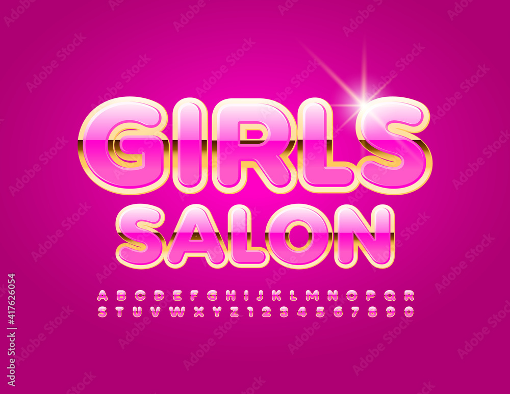Vector glamour logo Girls Salon. Pink and Gold bright Font. Shiny Alphabet Letters and Numbers set