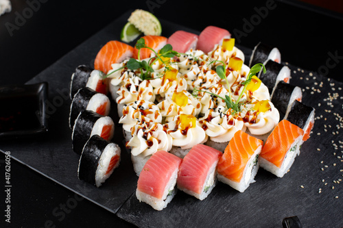 japanese sushi food. Maki ands rolls with tuna.